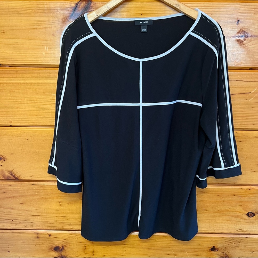 Alfani Black White Round Neck 3/4 Sleeve Stretchy Large Womens Tunic Blouse